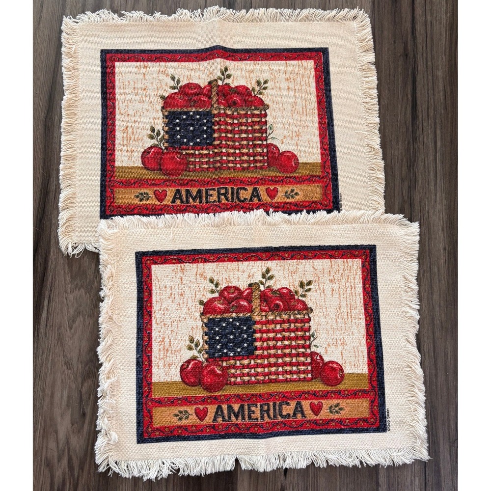 Patriotic Apple Basket Deb Strain Placemats Woven Fringe Set of 2 Cream Vintage